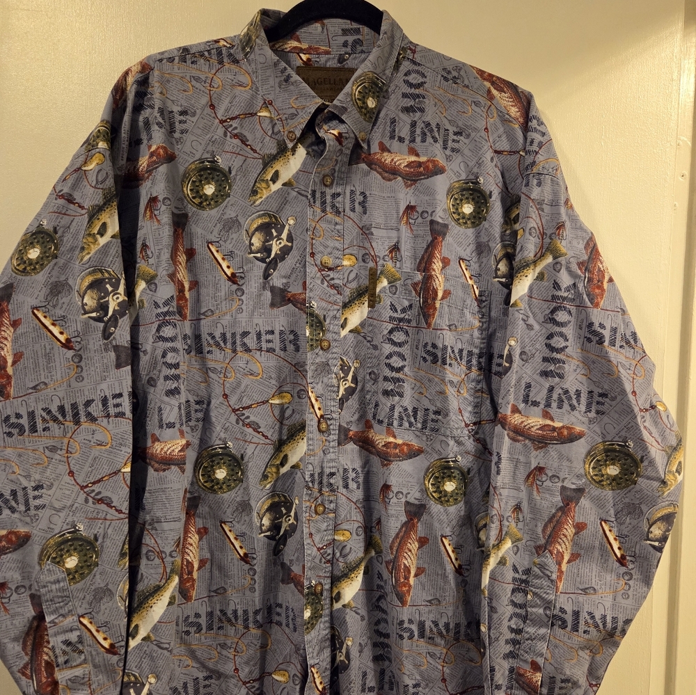 Magellan Mens XL Fish Print Button-Up Shirt Hook Line & Sinker Gray Longsleeve
